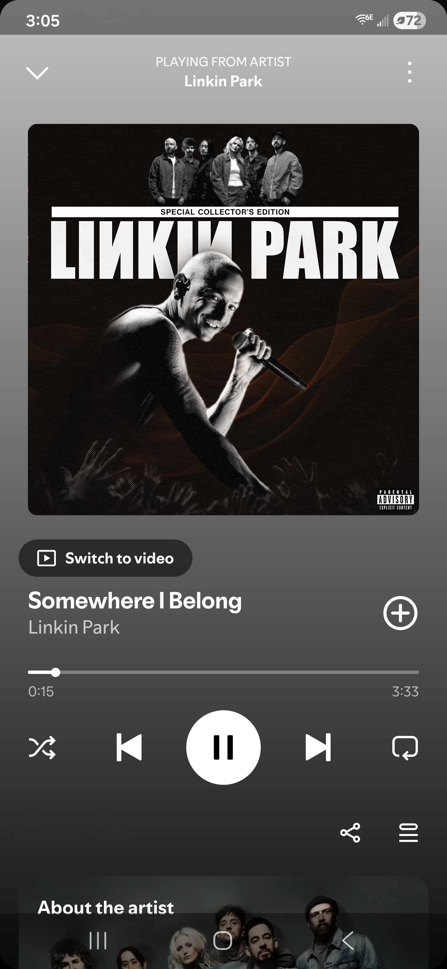 Spotify mobile playback mockup for Linkin Park